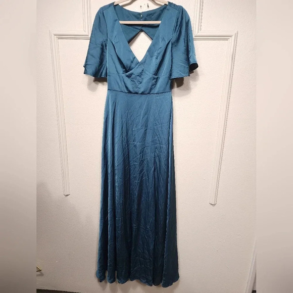 Lulu's Elegant Confidence Teal Satin Flutter Sleeve Cutout Maxi Dress Wedding - Picture 6 of 11